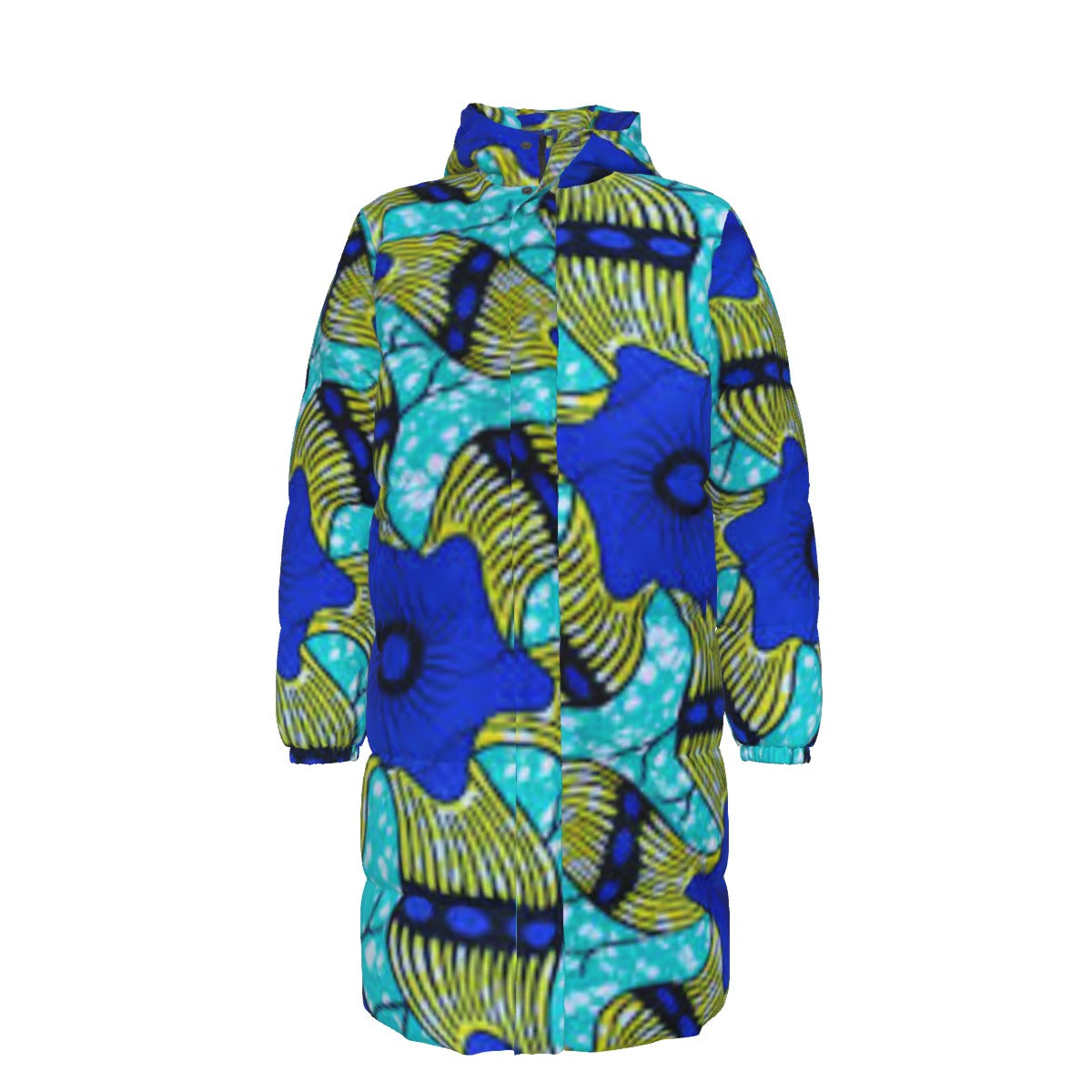 WildMystic1 Blue Flower African Print Long Down Coat Unisex