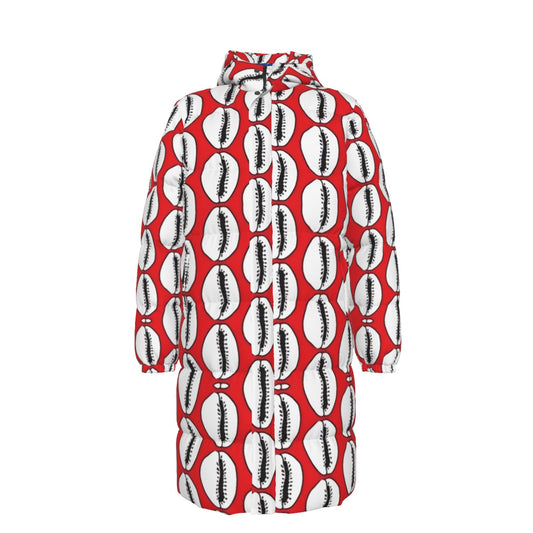 WildMystic1 Red African Print Long Down Coat with White Cowerie Shell Design