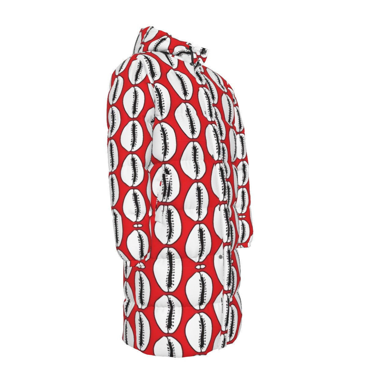 WildMystic1 Red African Print Long Down Coat with White Cowerie Shell Design