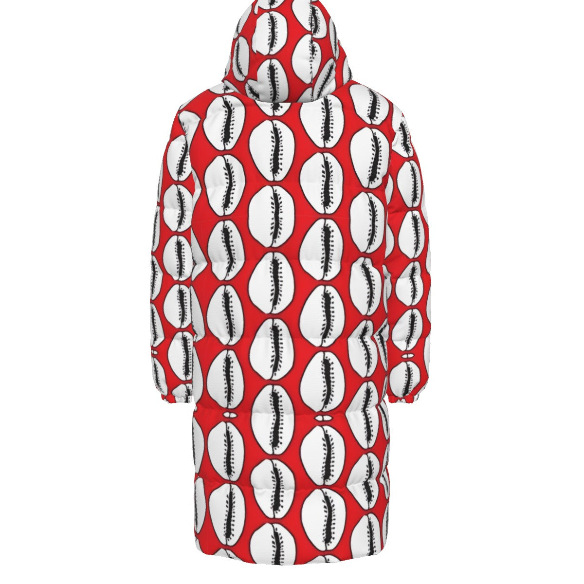 WildMystic1 Red African Print Long Down Coat with White Cowerie Shell Design