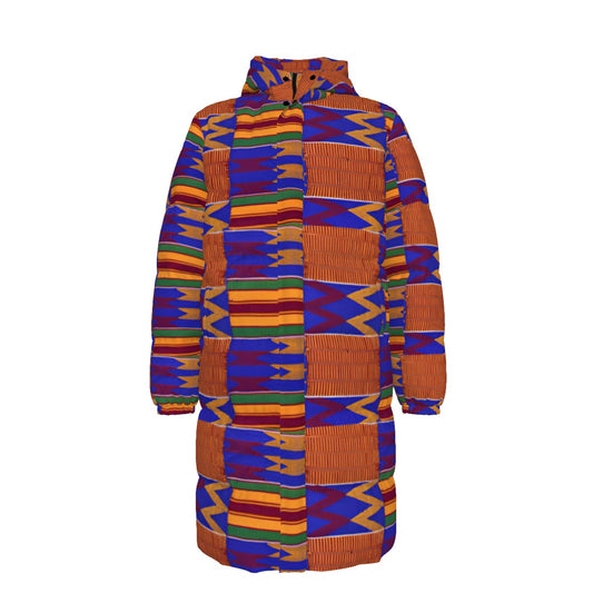 WildMystic1 Blue Orange Kente African Print Unisex Long Down Coat