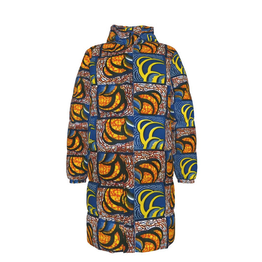 WildMystic1 African Print  Unisex Long Down Coat in Blue Orange Yellow